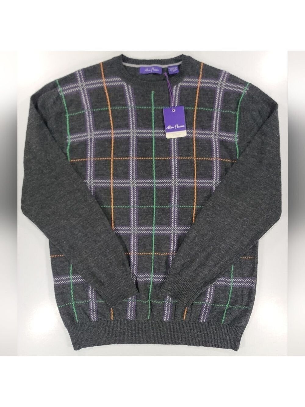 NEW Alan Flusser Mens Crew Neck Pullover Wool Blend Plaid Sweater Classic XL NWT